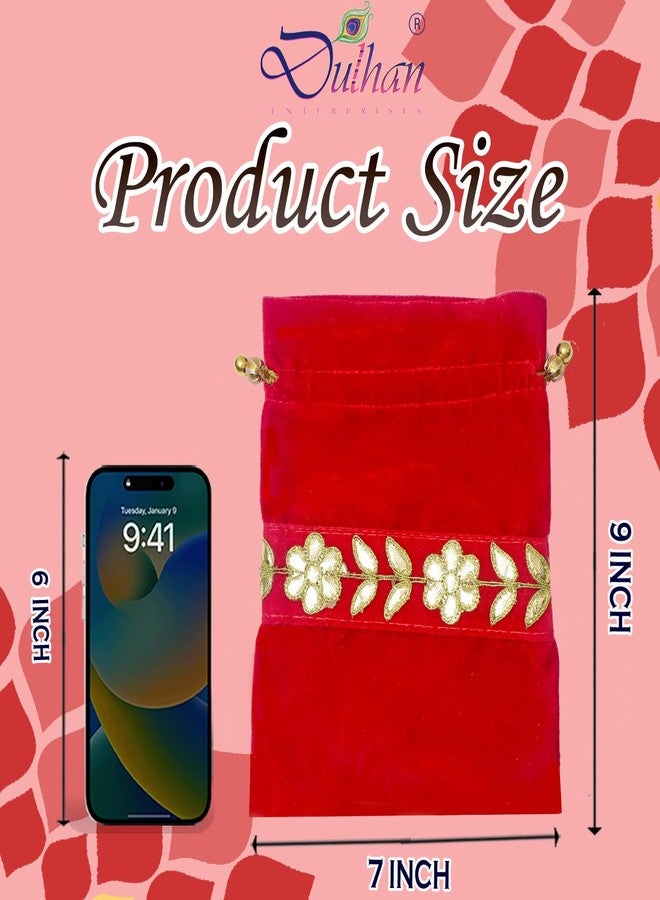 Dulhan Handcrafted Red Velvet Gota Patti Potli Bags | Traditional Embroidered Gift Bags for Wedding, Diwali, Mehndi Baby Shower | Zari Tassels and Moti Work | Reusable Decorative Pouches (Pack of 2) - Image 2